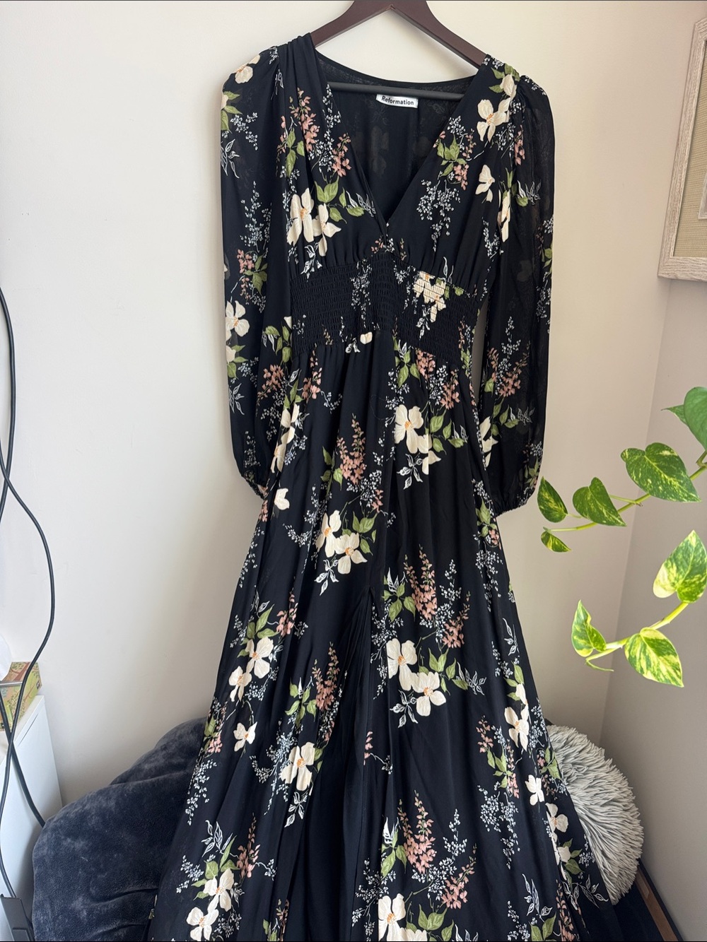 reformation Black Floral V-Neck Maxi Dress with Long Sleeves